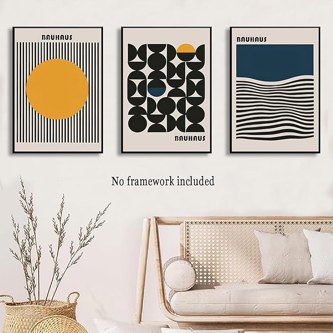 3Pcs Bauhaus Style Wall Art Bohemian Abstract Wall Decor Minimalist Canvas Mid Century Moderngeometry Poster Prints Painting Picture Suitable for Living Room Bedroom （12x16 unframed）