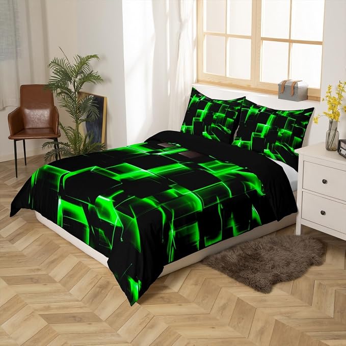 Erosebridal Honeycomb Bedding Sets Queen Size, 3D Modern Abstract Square Grid Duvet Cover for Kids Girls Boys Green Neon Light Geometric Print Bed Set Bedroom Decor, 3 Pieces