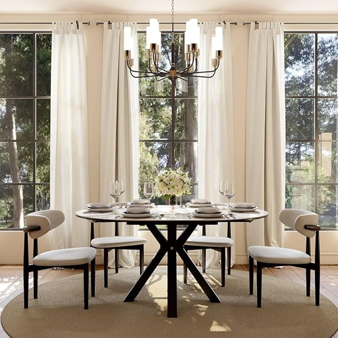 POVISON Modern Extendable Dining Table, 47" to 63" Round to Oval Sintered Stone Kitchen Table with Carbon Steel Pedestal Base for 4-6, White with Black(Table Only