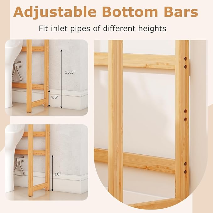 Giantex Bamboo Over The Toilet Storage, 3-Tier Over Toilet Bathroom Organizer with 3 Hooks & Adjustable Shelves, Freestanding Space Saver Above Toilet Shelf Rack for Laundry, Balcony, Restroom