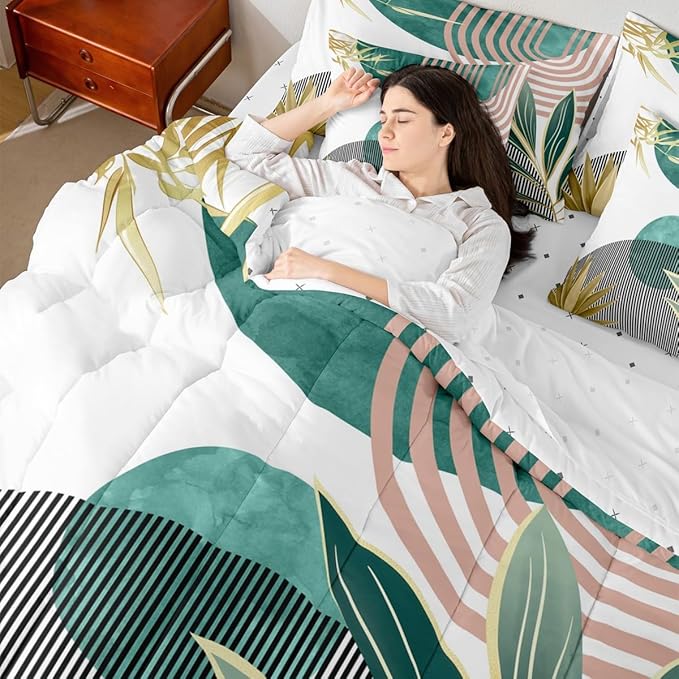Erosebridal Mid Century Modern Bedding Sets King Bohemian 7 Piece Comforter Set for Kids,Boho Tropical Modern Bed in a Bag Abstract Sun Minimalist Simple Sheet Set with Comforter,Green Pink