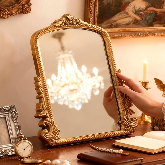 YUSONG Vintage Desk Mirror – 12" Gold Antique Tabletop Mirror with Resin Frame, Decorative Wall Art for Living Room Bedroom Vanity Desk Decor, Birthday Gift