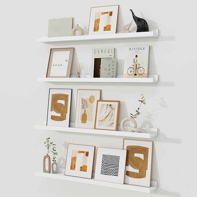 Fun Memories Picture Ledge Shelf, White Floating Shelves Set of 4, 32 Inch Picture Shelves for Wall with Ledge, Large Nursery Book Shelf for Toys Storage, Living Room, Bedroom Decor Frames