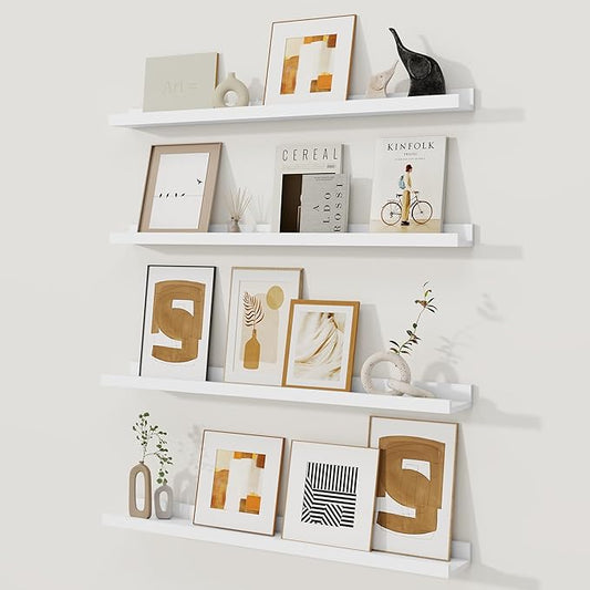 Fun Memories Picture Ledge Shelf, White Floating Shelves Set of 4, 32 Inch Picture Shelves for Wall with Ledge, Large Nursery Book Shelf for Toys Storage, Living Room, Bedroom Decor Frames