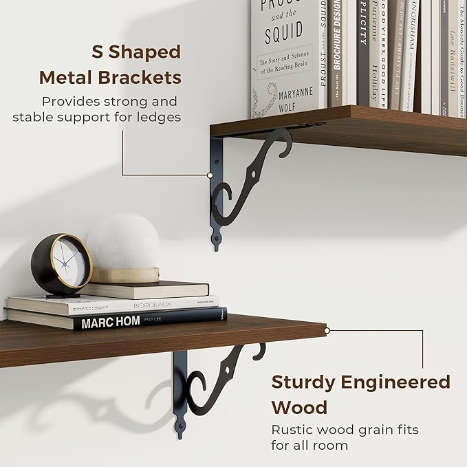 RICHFOCUS 12 Inch Deep Floating Shelves for Wall, 24" W x 12" D Wood Wall Shelves Set of 2, Wide Floating Shelves for Living Room, Bedroom, Kitchen, Bathroom and Decor Storage, Walnut