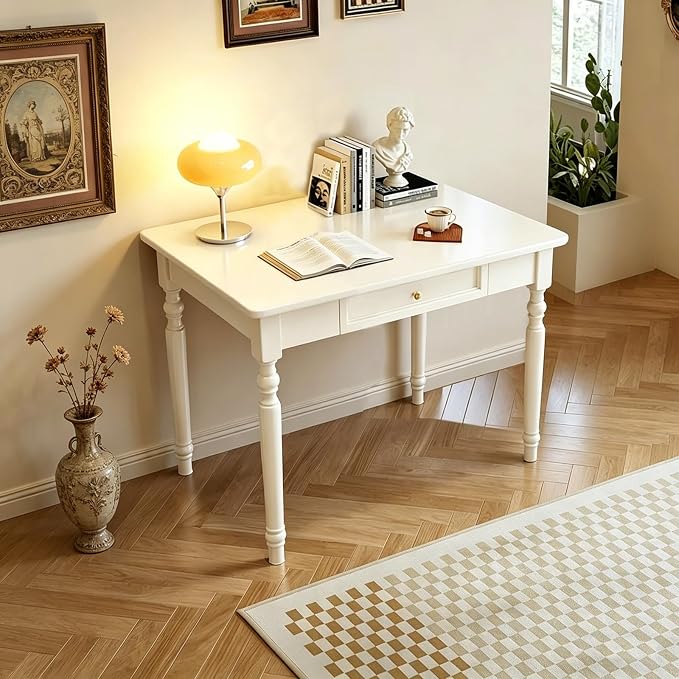 Solid Wooden Desk with Drawers, Small Writing Desk with Drawers for Computer, PC Desk for Work, Study or Gaming, Easy to Assemble (Ivory White, 31.5IN)