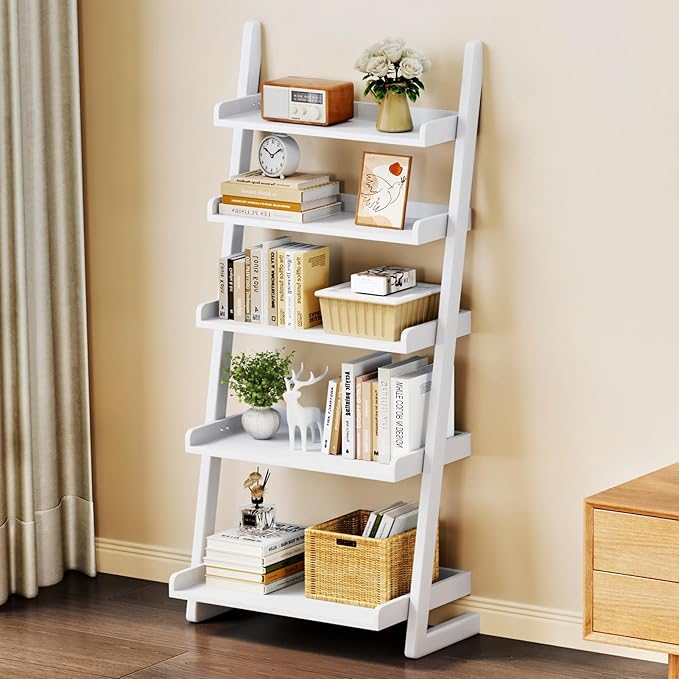Uniclinens White Wooden Ladder Shelf, 5-Tier Leaning Bookshelf, Ladder Bookshelf for Compact Spaces, Leaning Bookcase for Living Room, Bedroom, Home Office