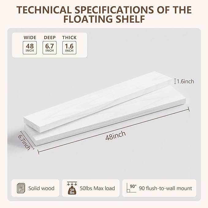 IEO Long Wooden Floating Shelves for Room Wall, Natural Wood Floating Shelves Wall Mounted Kitchen Shelf for Living Room, Bedroom, Kitchen,Bathroom, Storage (White, 48in 2tier)