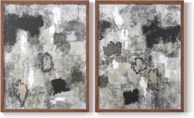 Renditions Gallery Set of 2 Peel & Stick Framed Prints, Abstract Wall Art, Hand Painted Black and White Pattern Wall Decor, Re-Stickable - Ready to Hang - 11"x14" - Walnut Frame LT588