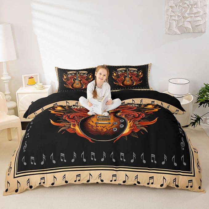 Erosebridal Guitar Rose Duvet Cover King for Teens Boys - Floral Gothic Skull Flame Bedding Set Punk Rock Roll Music Comforter Cover,Vintage Musical Notes Bed Set