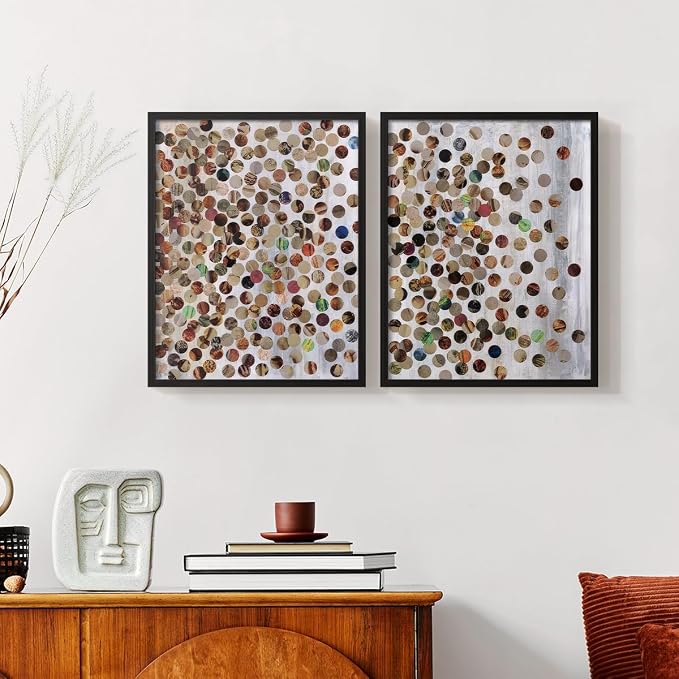 Renditions Gallery Set of 2 Peel & Stick Framed Prints, Textured Abstract Wall Art, Scattered Circular Cutouts Wall Decor, Re-Stickable - Ready to Hang - 11"x14" - Black Frame LT588