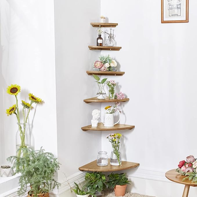 Corner Shelf, 7inch Solid Oak Wood Floating Corner Shelf Wall Mount Round End Floating Speaker Shelves with Wire Hole for Small Plant Photo Frame for Bedroom Kitchen, Living Room | Wire Hole, Small Plant, Photo Frame, Bedroom, Kitchen, Living Room