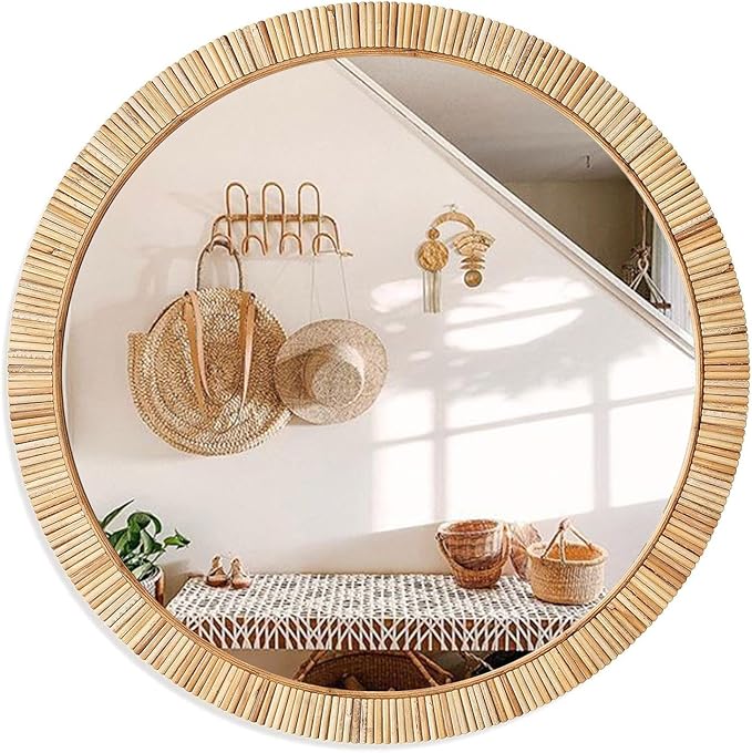 Decorative Rattan Wall Mirror, Boho Bathroom Modern Makeup Mirror, Rustic Wall Bohemia Mirrors for Bedroom, Living Room, Vanity Versatile Farmhouse, Nursery, Bathroom, 24"x24", Round