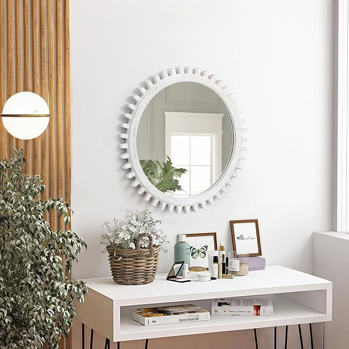 ULIKE Round Rustic Wood Mirror for Bathroom, Farmhouse Mirror with Wood Frame, 24x24 Inch White Vanity Mirrors for Wall Decor of Bedroom Living Room Entryway