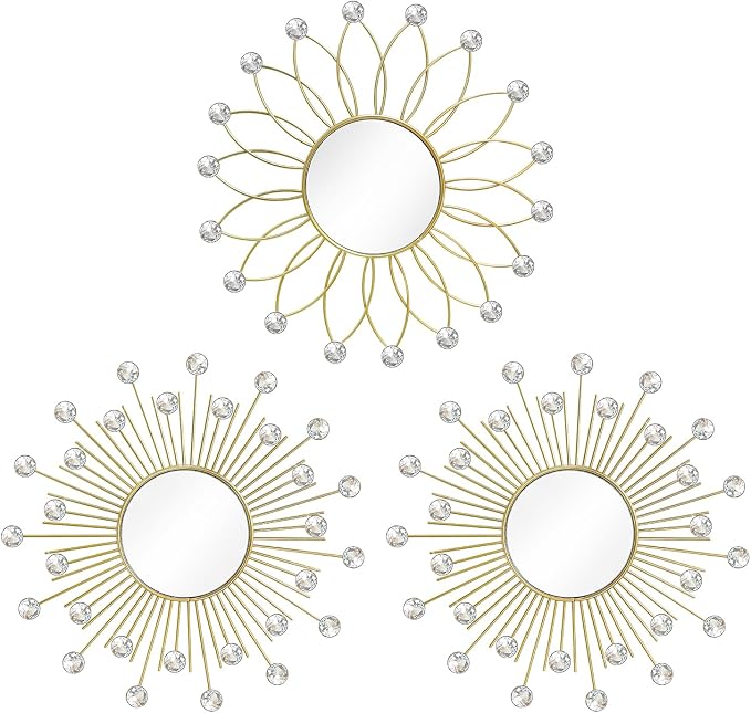 3 Pack Metal Mirrors for Wall Sunburst Wall Mirrors Home Décor Decorative Hanging Wall Art for Living Room Bedroom Entryway (Gold2 Crystal, Flower+Sunburst)