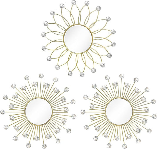 3 Pack Metal Mirrors for Wall Sunburst Wall Mirrors Home Décor Decorative Hanging Wall Art for Living Room Bedroom Entryway (Gold2 Crystal, Flower+Sunburst)