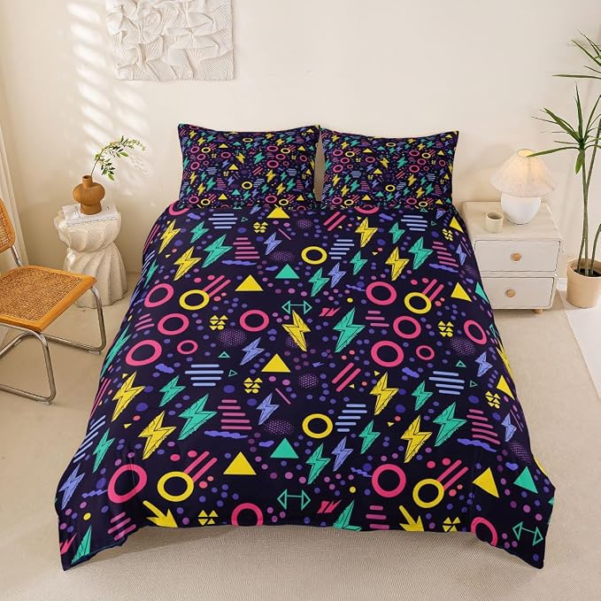 80s 90S Fashion Style Bedding Set Queen Size,Retro Memphis Style Pattern with Geometrical Shapes Duvet Cover for Kids Child,Funky Hipster Old Fashioned Comforter Cover Geometric Bedroom Decor