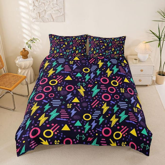 80s 90S Fashion Style Bedding Set Queen Size,Retro Memphis Style Pattern with Geometrical Shapes Duvet Cover for Kids Child,Funky Hipster Old Fashioned Comforter Cover Geometric Bedroom Decor