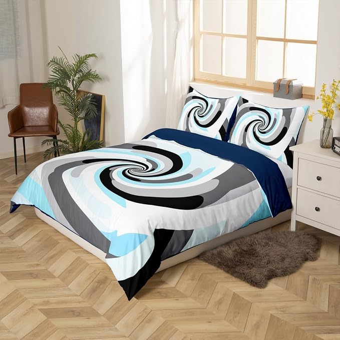 Erosebridal Geometric Circles Comforter Cover King for Kids Teens Adults,Blue Grey Black White Duvet Cover,Abstract Art Bedding Set,Mid Century Minimalist Bed Set with 2 Pillowcases Bedroom Decor