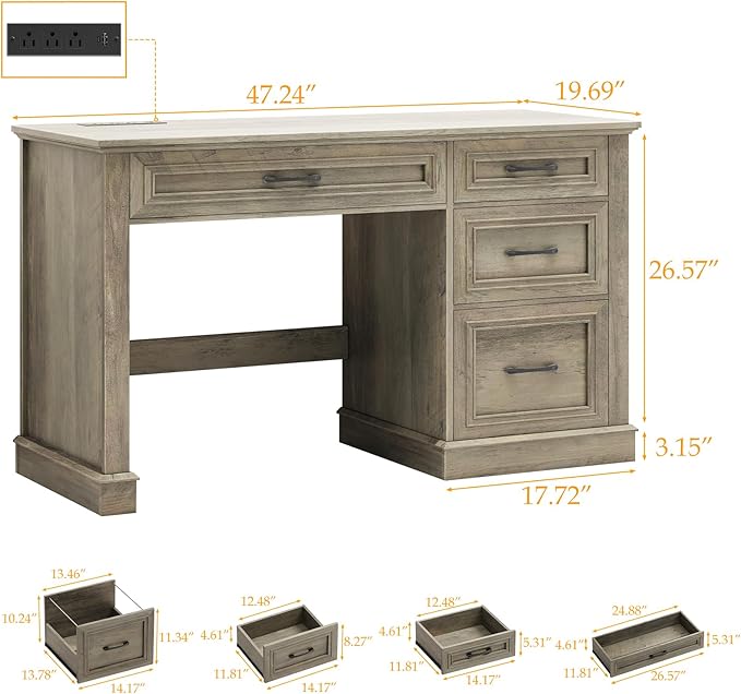 Vabches Farmhouse 47" Executive Desk, Computer Desk with Drawers and File Drawer, Workstation Computer Desk with Charging Station for Home Office,Study,（Dark Grey