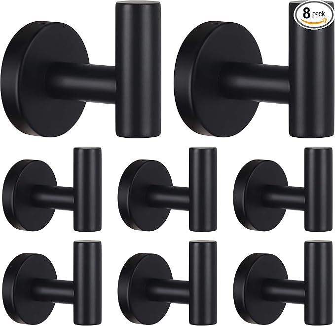 Bathroom Robe Towel Hooks Coat Matte Black Wall Hook Stainless Steel Heavy Duty Door Hanger Towel Robe Clothes Cabinet Closet Sponges Hook for Bathroom Bedroom Kitchen Hotel Pool 8 Packs