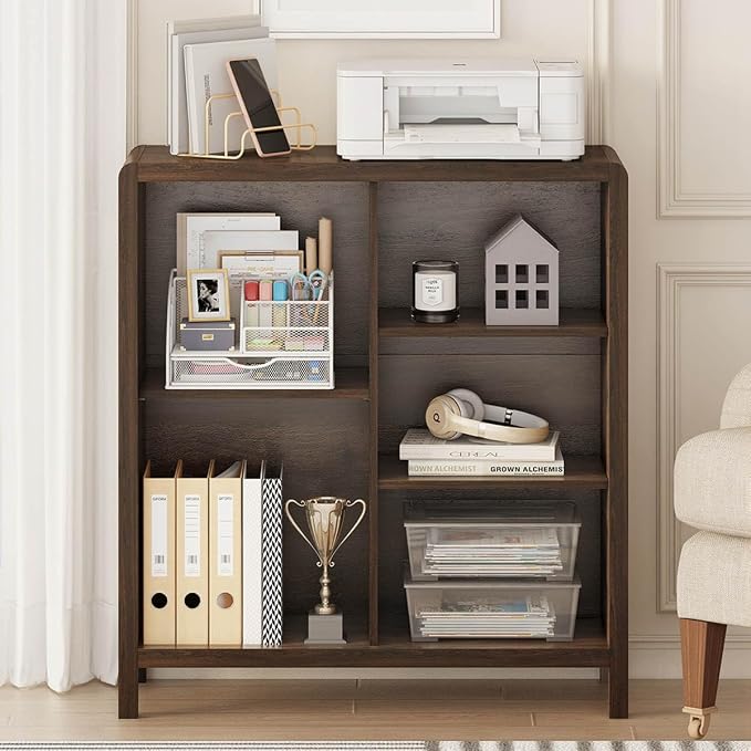 FATORRI 5 Cube Bookshelf, Wood Bookcase with 3 Adjustable Shelves, Farmhouse Cube Storage Organizer Shelf for Small Space Bedroom Living Room (Dark Walnut)