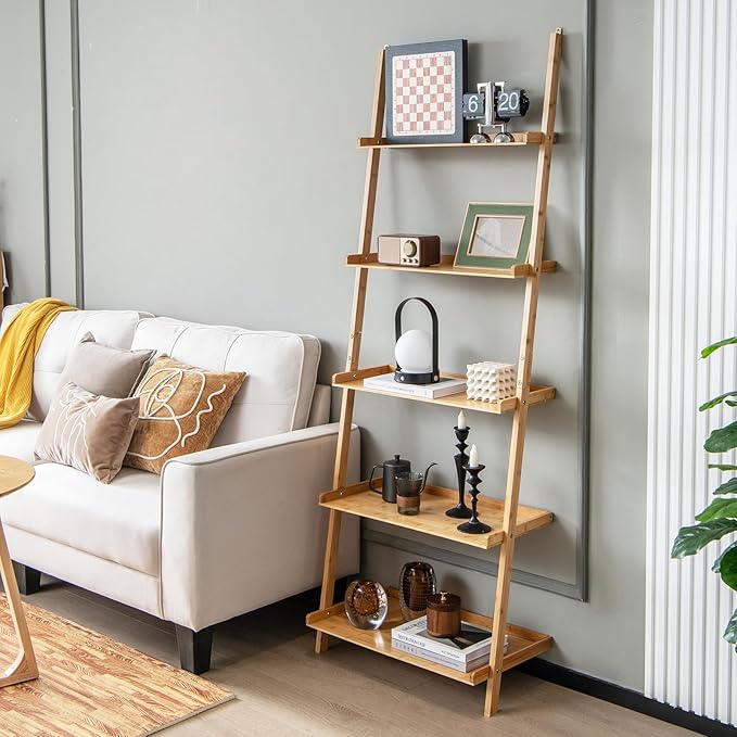 Tangkula 5-Tier Ladder Shelf Bookcase, Bamboo 72”H Wall-Leaning Bookshelf with Baffles and Anti-Tipping Kits, Plant Stand for Living Room Bathroom Home Office Decor, Ladder Bookshelf, Natural