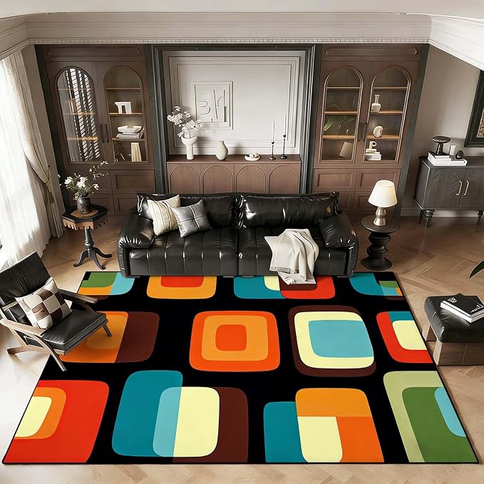 Mid Century Modern Rug, Colorful Abstract Geometric Area Rug, Retro Atomic Starburst Rugs, Washable Non-Slip Soft Low Pile 1950s Carpet for Living Room, Bedroom (4' x 6'(Rectangular))