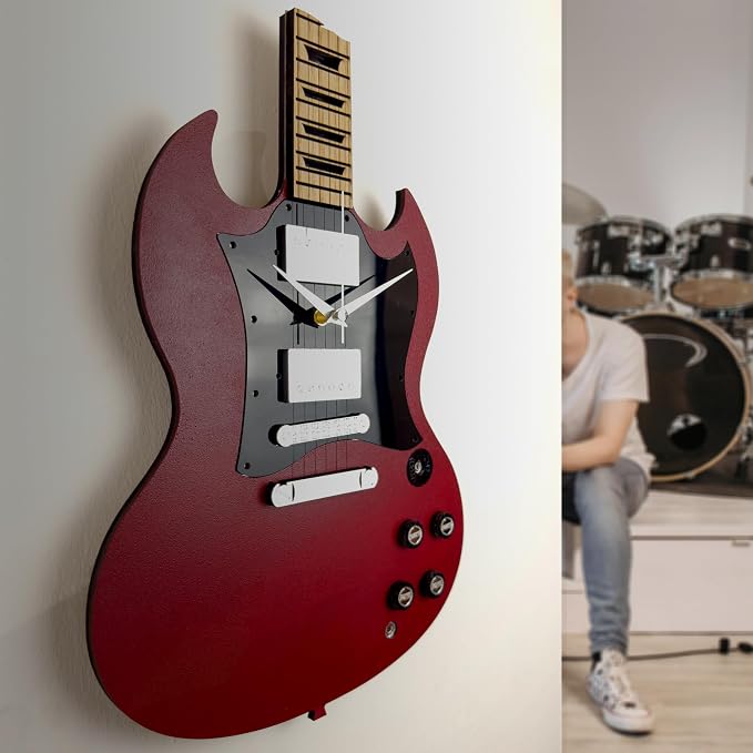 goodtime SG Style Guitar Wall Clock, 18 Inch Red Decor | Silent Sweep Movement, Oak Fretboard | Unique Gift for Men, Guitar Lovers, Musicians, and Man Cave
