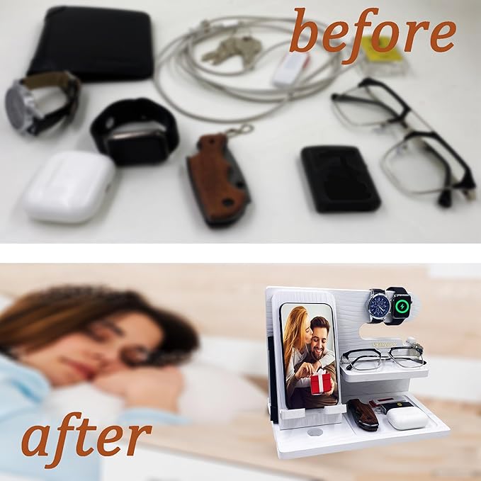VEIYAILU Gifts for Women Girlfriend Men Him Husband Boyfriend Son Boss Wood Phone Docking Station Nightstand Organizer Anniversary Birthday Gifts (White)