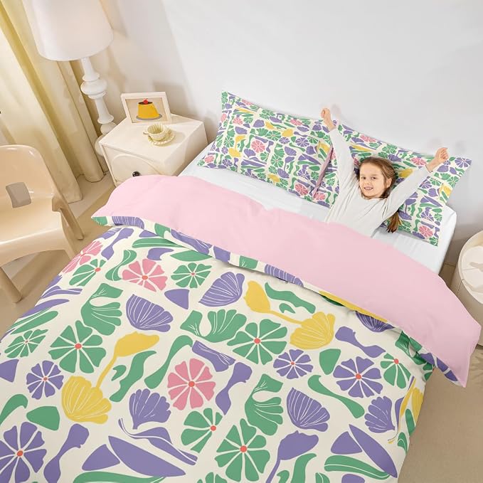 Erosebridal Retro Abstract Boho Colorful Floral Bedding Set King Mid Century Modern Duvet Cover Purple Green Pink Patchwork Geometric Comforter Cover for Kids Adults,Vintage Retro Botanical Bed Set
