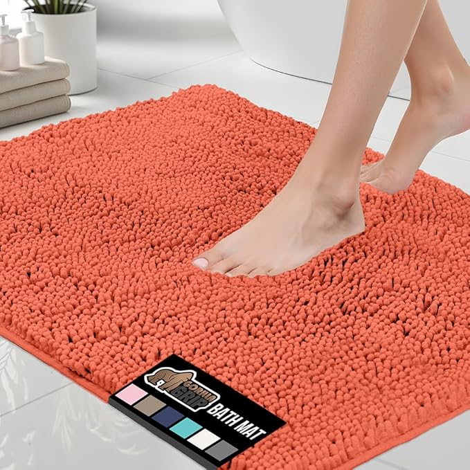 GORILLA GRIP Bath Rug Mat 30x20, Thick Soft Absorbent Chenille, Quick Dry Microfiber Mats, Rubber Backing Washable Shower Floor Rugs, US Designed Bathroom Bathmat Home Decor Accessories, Coral