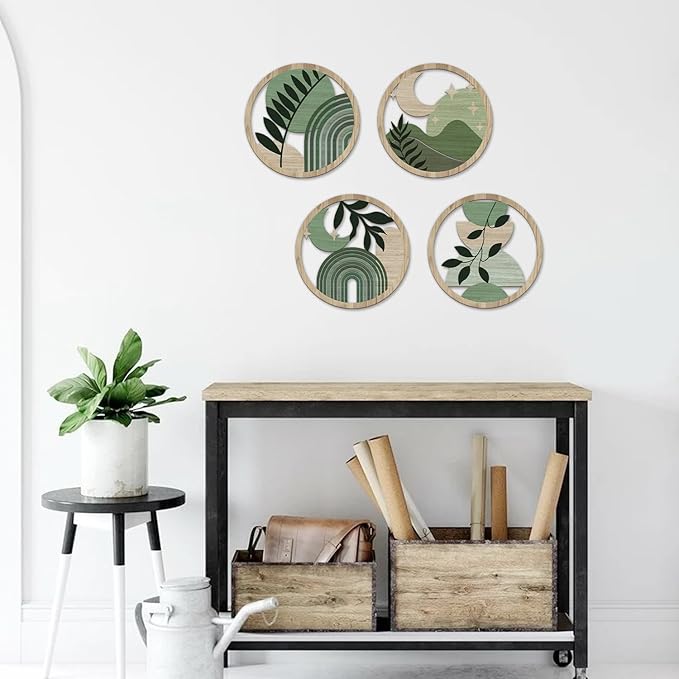 TOARTi 4PCS Green Botanical Wooden Wall Art Bohemian Hanging Art Farmhouse Geometric Wooden Wall Decor Aesthetic Plants Artwork Boho Minimalist Wall Decor for Bedroom Living Room