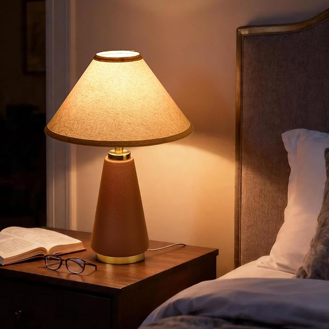 18.11 Inch Brown Table Lamp Set of 2, Farmhouse Table Lamps with Beige Fabric Shade, PU Leather for Kitchen Counter, Bedroom, Nightstand, Desk Lighting, Bookshelf, Living Room, Kids Dorm