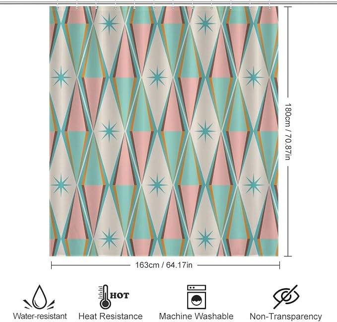 Mid Century Shower Curtain,Modern Abstract Atomic Retro 60s Geometric Fabric Bathroom Decor Curtains with Hooks 66x72in（168x183cm）