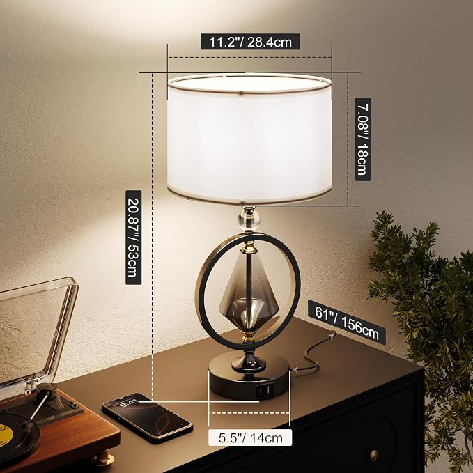 C06-2 20.8” Art Deco Bedside Table Lamp - 3-Way Dimmable Touch Control, USB A+C/AC Outlet, Bulb Included, Ideal for Living Room Nightstand Bedroom