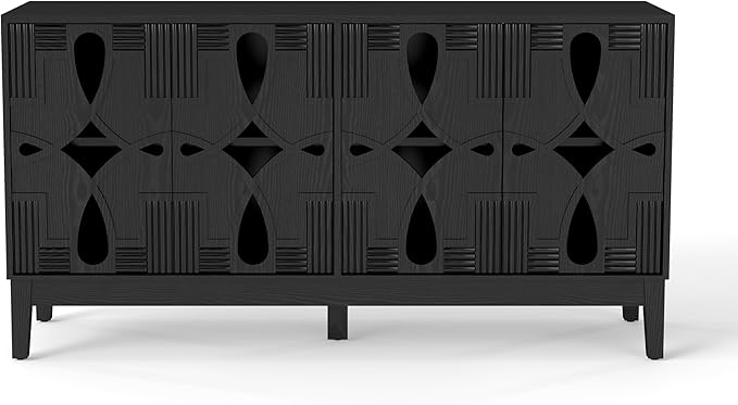 LKTART Black Sideboard Buffet with Hollow Carved Doors and Outlet Holes,Accent Cabinet,Credenzas Storage Cabinet for Living,Kitchen