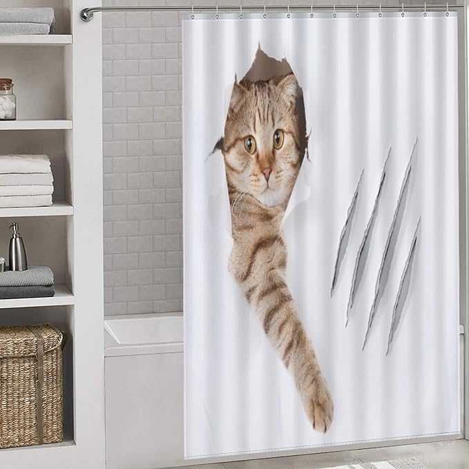 Cat Shower Curtain Funny Cat Hole Claw Scratches Playful Pet Pattern Duty Fabric Shower Curtains Set Bathroom Polyester Waterproof with 12 Hooks, 55x72Inch（140x183cm）