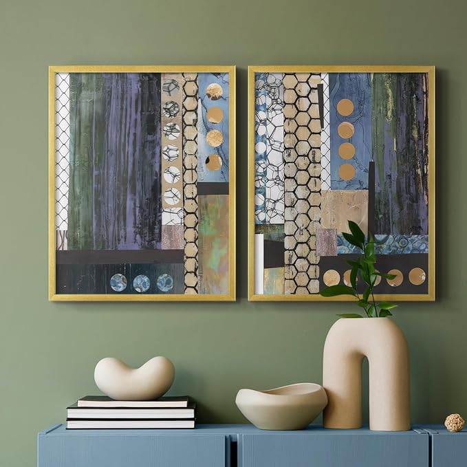 Renditions Gallery Set of 2 Peel & Stick Framed Prints, Geometric Abstract Wall Art, Hexagonal and Circular Pattern Wall Decor, Re-Stickable - Ready to Hang - 11"x14" - GOLD Frame LT588