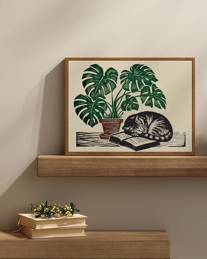 InSimSea Sleeping Cat and Monstera Plant Framed Wall Art, Waterproof Canvas Print Linocut Style, Botanical Decor for Living Room Office and Bedroom 12x16 Inch