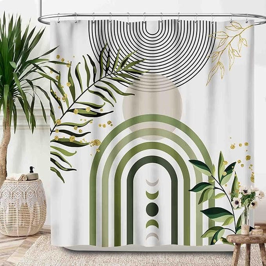 Boho Plant Shower Curtain,Mid Century Green Plant Leaves Shower Curtain Set for Bathroom,Bohemian Modern Abstract Minimalist Fabric Bath Curtain with Hooks,72x78Inch