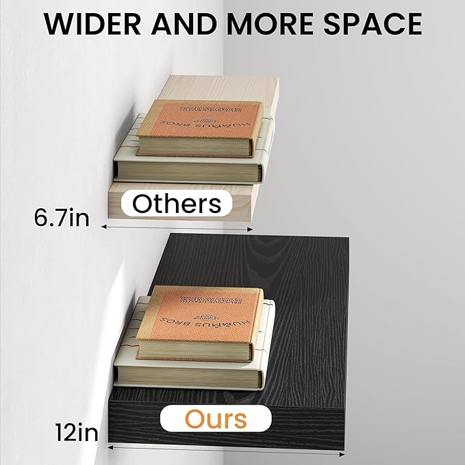 30Inch Black Floating Shelves for Wall, 12 Inch Deep Shelves for Bedroom, Kitchen, Bathroom Wall Mounted, Rustic Wood Floating Shelf with Invisible Brackets for Books, Storage, Decor, 2 Packs