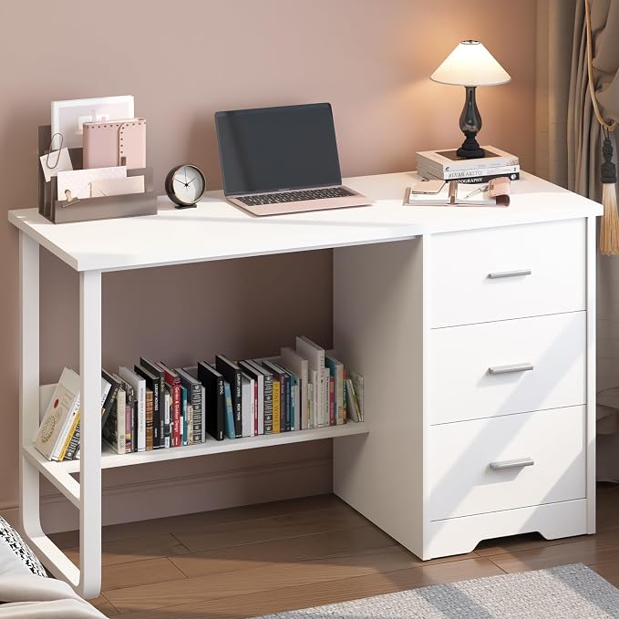 MaverickFurni White Desk with Drawers, 47 Inch Computer Desk with 3 Drawers for Bedroom, Study Desk with Drawers for Small Spaces, Bottom Shelves