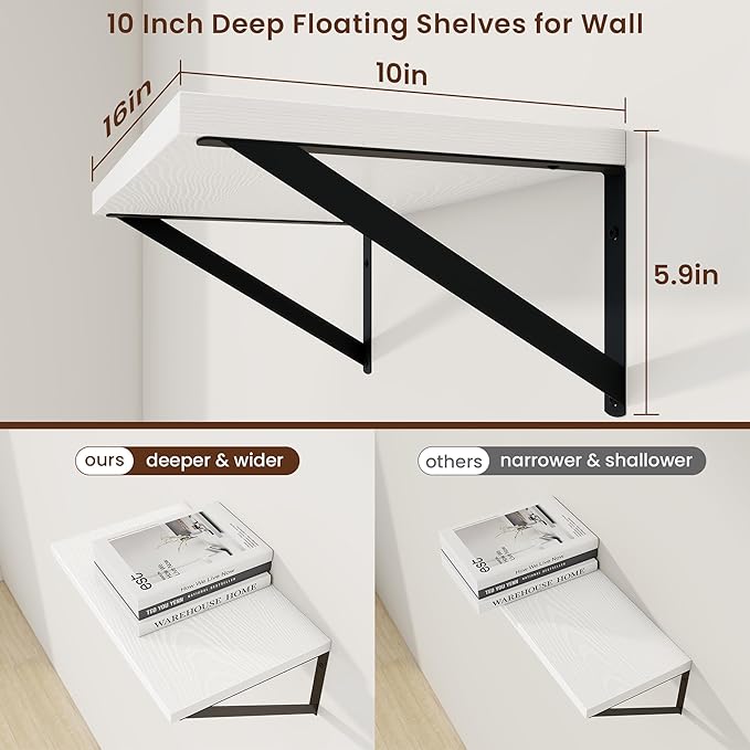 Axeman Deep Floating Shelves | 16 Inch White Wall Shelves Set of 2 | 10 Inch Deep Wood Floating Shelves for Wall | 16" W x 10" D White Shelves for Living Room Bathroom Kitchen