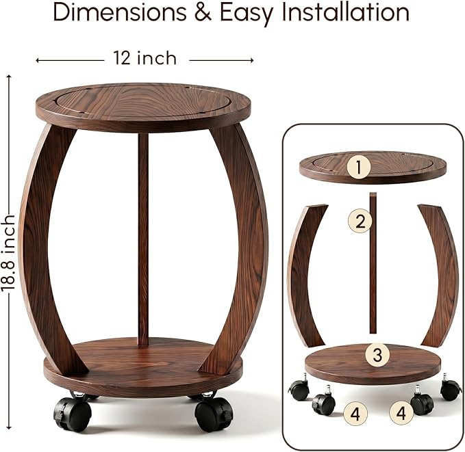 2 Tier Wooden Plant Stand Indoor with Wheels – Tall Plant Stand for 6-12 Inch Pots, Mid-Century Modern Rustic Plant Table Indoor, Pedestal Stand for Corner, Living Room, Balcony, Dark Brown