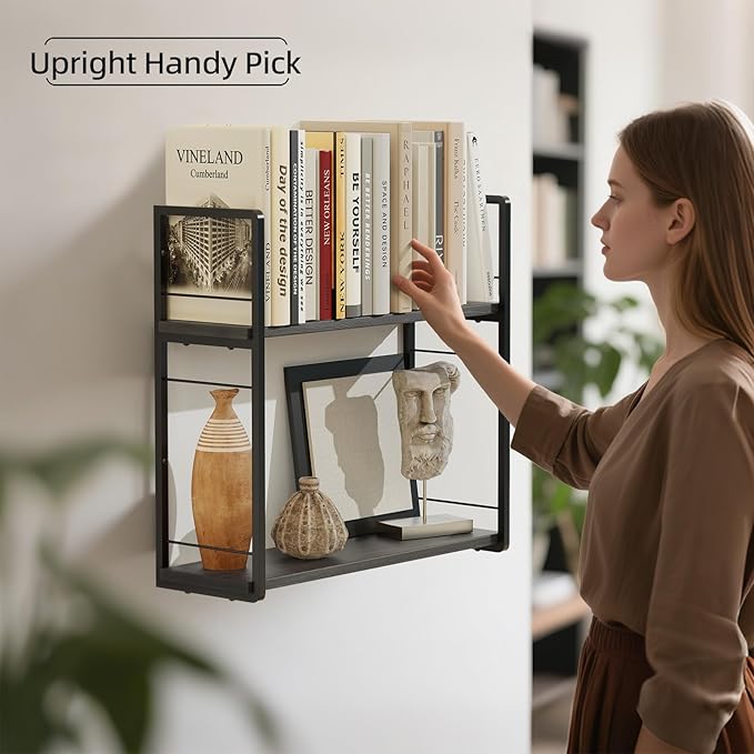 2-Layer Wall Bookshelf for Book Storage, Floating Book Shelves for Wall, Space Saver, 16in Stud Hanging Books helf, Bedside Shelf for Living Room Bedroom Office Coffee Corner, 2 Packs-Black