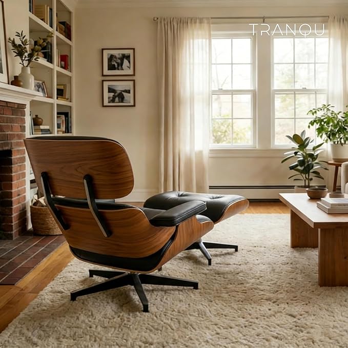 Mid-Century Genuine Top Grain Leather Chaise Lounge Chair & Ottoman, Walnut Wood Base, Modern Classic Design for Living Room & Office