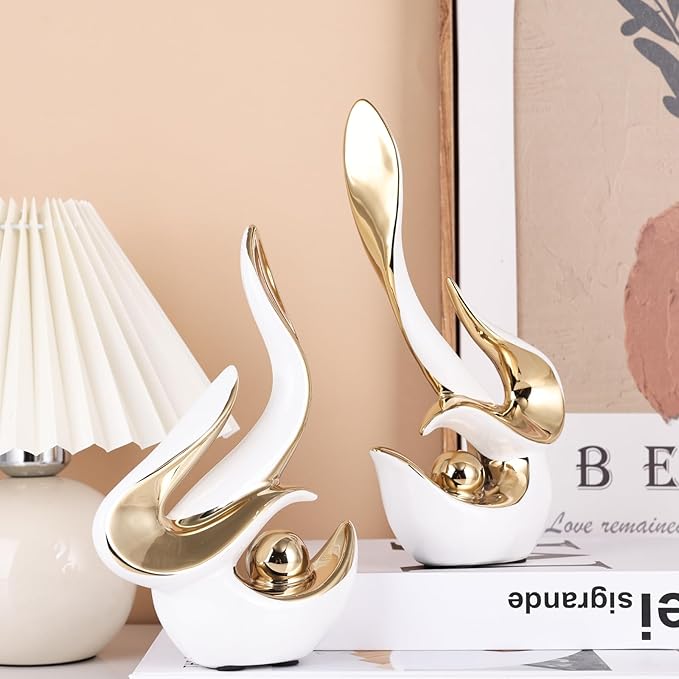 Mid Century Modern Abstract Art Home Decor Accent,Porcelain Statues for Living Room Coffee Table Centerpieces for Dining Room,Ceramic Sculptures and Gold Knick Knacks for TV Stand Decor (White Gold)