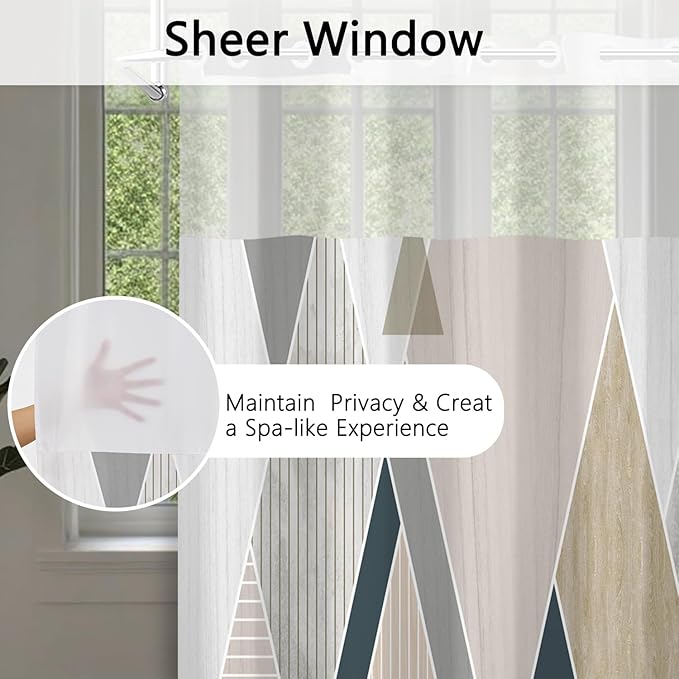 No Hook Shower Curtain with Snap in Liner - Modern Geometric Wood-Textured Pattern, Neutral Shower Curtains with See Through Mesh Top Window, Gray Beige Waterproof Cloth Fabric, 71x74 Inch