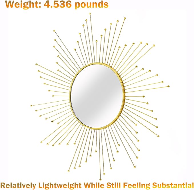 Large Gold Sunburst Mirror - 31" Starburst Wall Mirror with 12" Round Glass, Mid-Century Modern Elegant Gold Sun Mirrors for Living Room, Bedroom, Entryway Decor